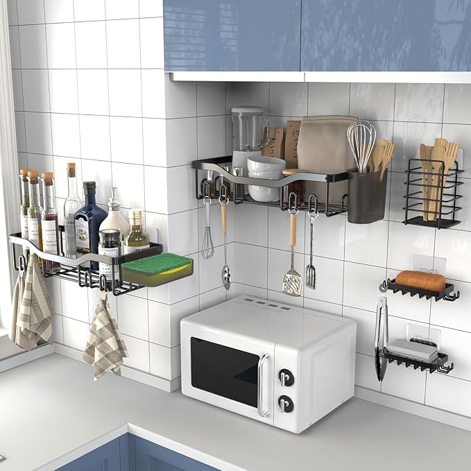 Shower Caddy Adhesive Shower Organizer 7-Pack, Rustproof Stainless Steel Bathroom Shelves, Large Capacity No-Drill Rack Storage Accessories with Soap Dish Toothbrush Holder &24 Hooks Home Decor