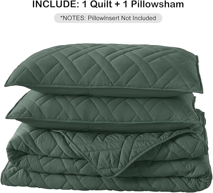 HORIMOTE HOME Quilt Set Twin Size Dark Green, Classic Geometric Diamond Stitched Pattern, Ultra Soft Microfiber Lightweight Bedding Set Bedspread Coverlet for All Season with 1 Quilt 1 Pillow Sham