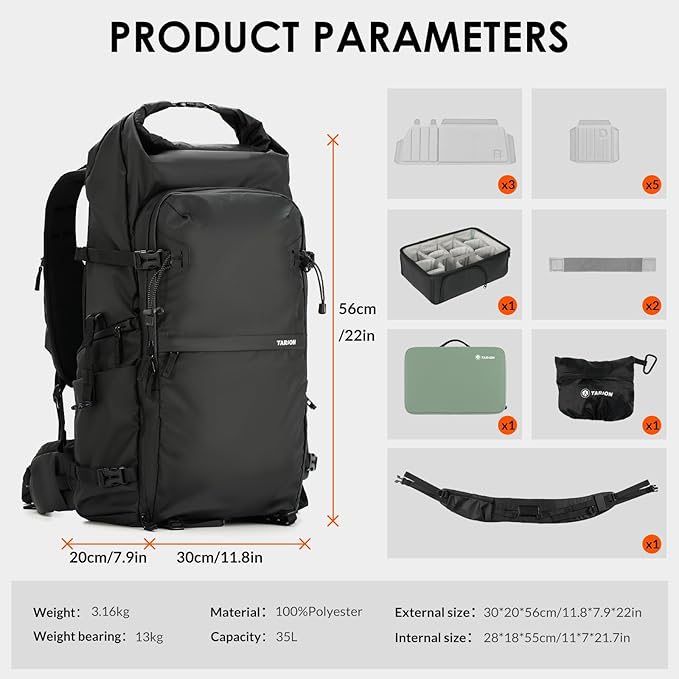 TARION Large Camera Backpack for Photographers - 35L Expandable DSLR Waterproof Camera Bag with 16" Laptop Compartment & Side Access & Adjustable Waist Strap & Rain Cover (Xprober)