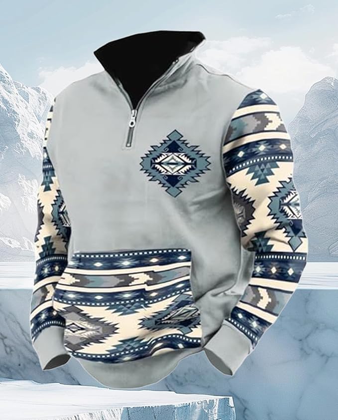 Western Sweatshirts for Men Aztec Cowboy Vintage Graphic Fleece Hoodie Mens Quarter Zip Pullover Country Jacket
