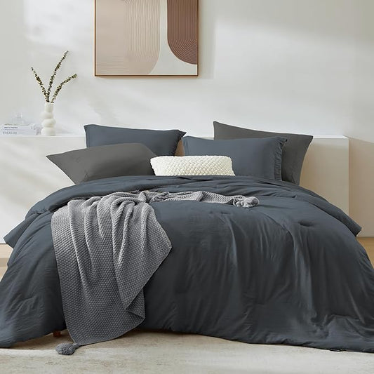 WRENSONGE King Size Comforter Set- 7 Pieces Blue Grey Bed in a Bag King with Fitted Sheet, Flat Sheet, 2 Pillow Shams, and 2 Pillowcases-Warm King Bedding Set for All Season