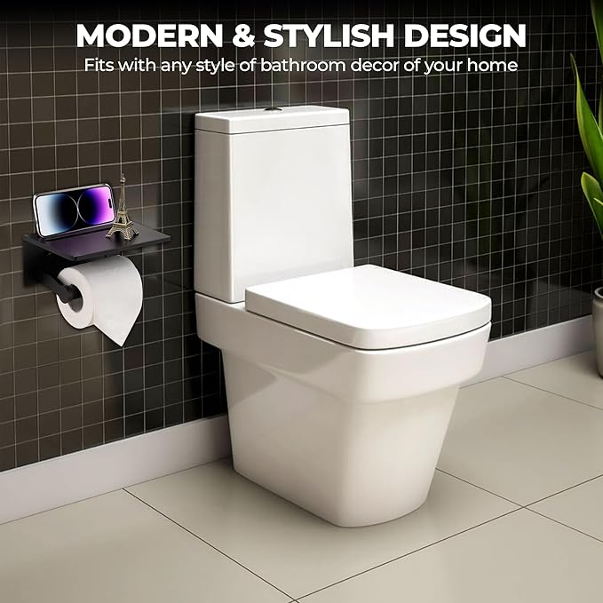 Toilet Paper Holder with Shelf, Black Anti-Rust Aluminum Tissue Roll Holder with Mobile Phone Storage Shelf for Bathroom, 3M Self Adhesive No Drilling or Wall Mounted with Screws