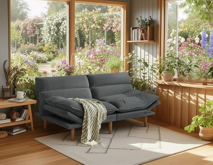 Amada Convertible Futon Sofa Bed - Corduroy Loveseat with Adjustable Backrest & Armrests, Thickened Seat Cushion, Small Space Sleeper Couch for Apartment, Study Room & Office（Charcoal Gray，66 Inch ）