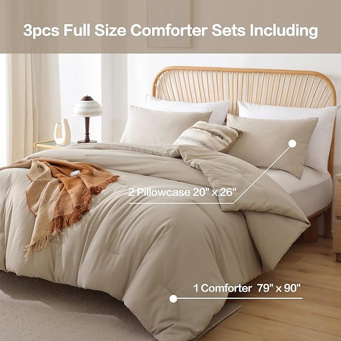ROSGONIA Full Size Comforter Sets for Girls Boys Kids Light Khaki, 3pcs Comforter Full Size(1 Comforter & 2 Pillowcases) Lightweight Dorm Bedding Sets