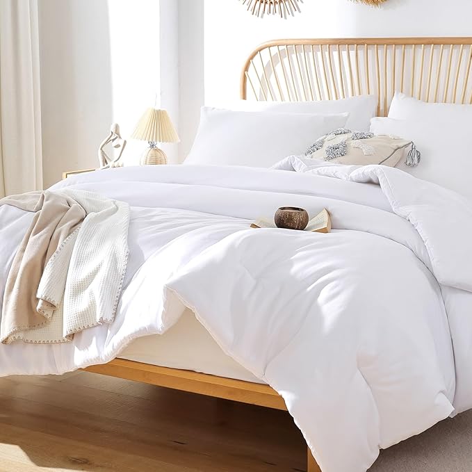 ROSGONIA White Queen Comforter Set, 3pcs(1 Boho White Comforter & 2 Pillowcases) All Season Soft Bedding Lightweight Bedspread Blanket Quilt