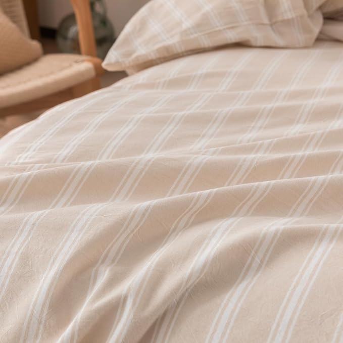 BESTOUCH Duvet Cover Set 100% Washed Cotton Linen Feel Super Soft Comfortable Chic Lightweight 3 PCs Home Bedding Set Almond Grey & White Stripes Queen