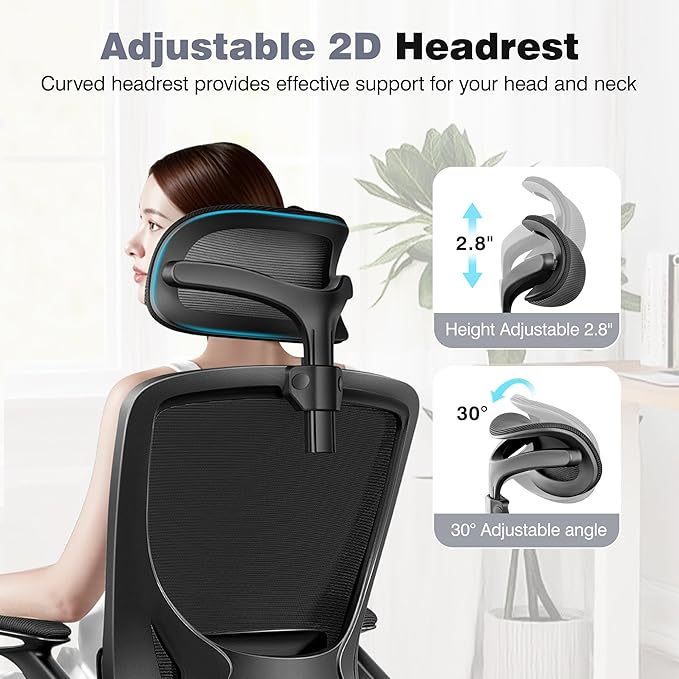 Ergonomic Office Desk Chair, Home Mesh Office Desk Chairs with Adjustable Lumbar Support, Headrest, Flip-up Armrests, High Back Computer Chair for Gaming, Work, Black