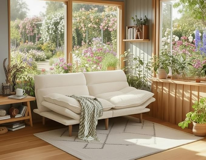 Amada Convertible Futon Sofa Bed - Corduroy Loveseat with Adjustable Backrest & Armrests, Thickened Seat Cushion, Small Space Sleeper Couch for Apartment, Study Room & Office（Off-White，66 Inch ）