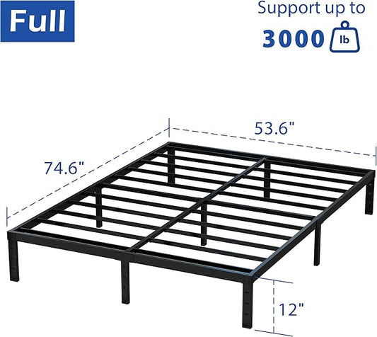12 Inch Full Size Bed Frame No Box Spring Needed, Heavy Duty Metal Platform Bed Frame Full Support Up to 3000 lbs, Easy Assembly, Noise Free, Black