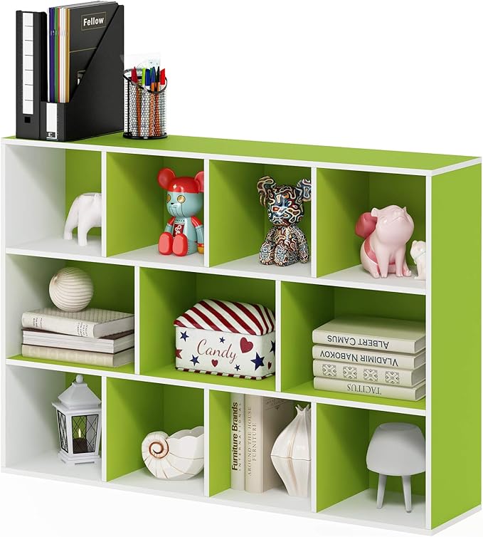 Furinno LUDER Book Shelf, 11-Cube Bookshelf, Reversible Bookcase, 9.4 x 29.1 x 41.7, for Living Room, Bedroom, Home Office, White/Green