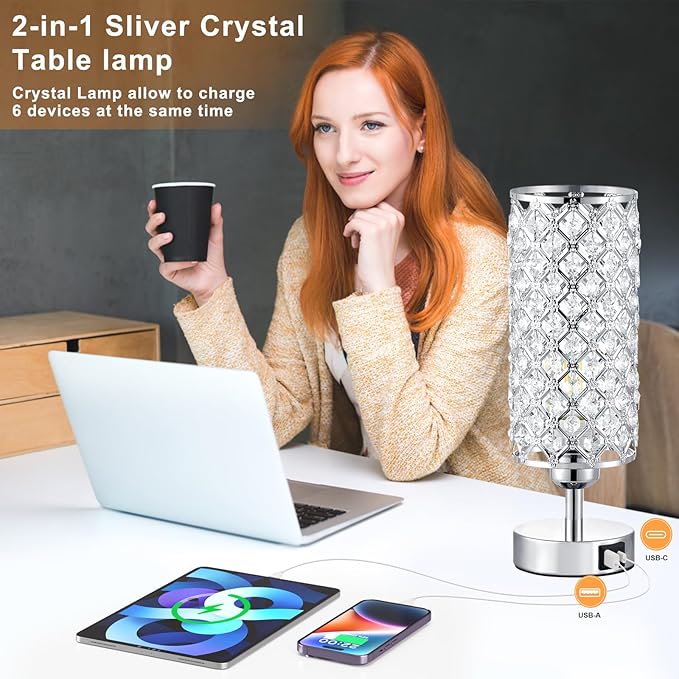 Crystal Touch Lamp with Touch Control, Sliver Table Lamp with USB-C+A Ports, 3 Way Dimmable Bedside Lamp Decorative Modern Nightstand Lamp, Bedroom Light for Living Room Side Table(Bulb Included)