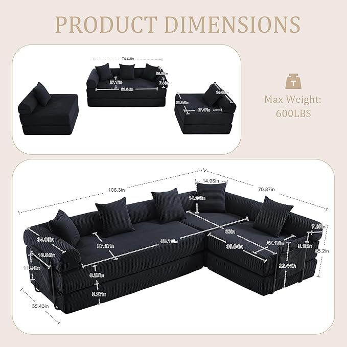 106" Oversized Convertible Sleeper Sofa Bed, Corduroy L Shape Sectional Couch, Folding Sofa Bed with Side Pocket, Modern Cloud Floor Mattress Couch, Modular Sofa for Living Room, Black