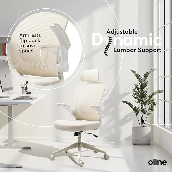 Oline ErgoAir Ergonomic Office Chair – Adjustable Lumbar Support, Flip-Up Armrests, Mesh Computer Desk Chair, Swivel Rolling Executive Gaming Chair for Home & Office (Beige)