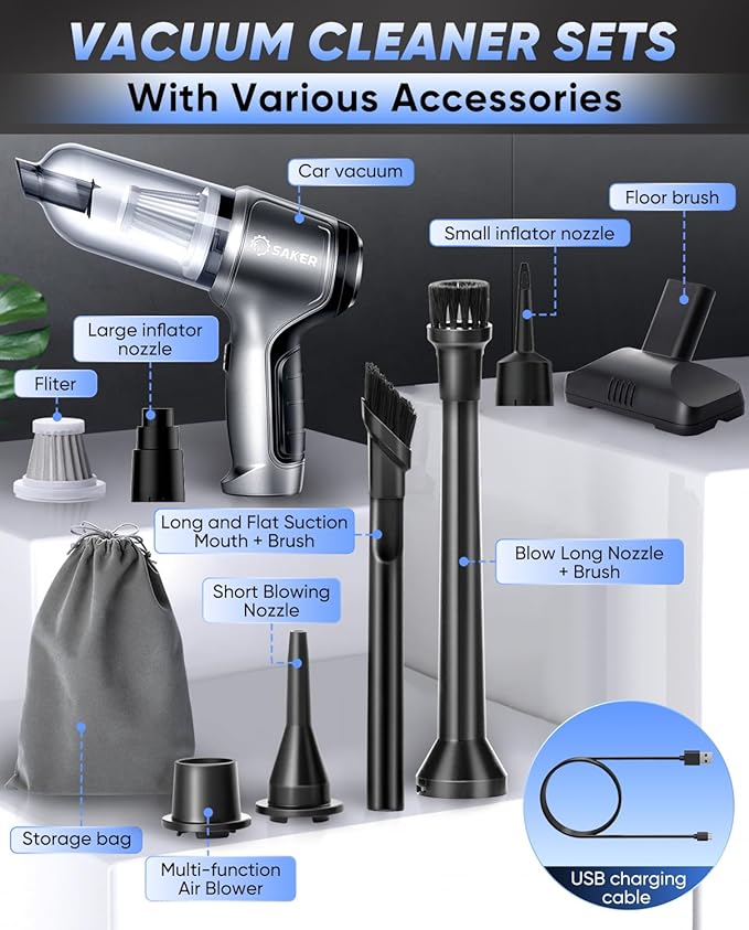 Saker Car Vacuum Portable Cordless 3 in 1 Handheld Car Vacuum 15000PA High Power with Brushless Motor and TypeC for Christmas Cars,Office,Home Cleaning HL107B