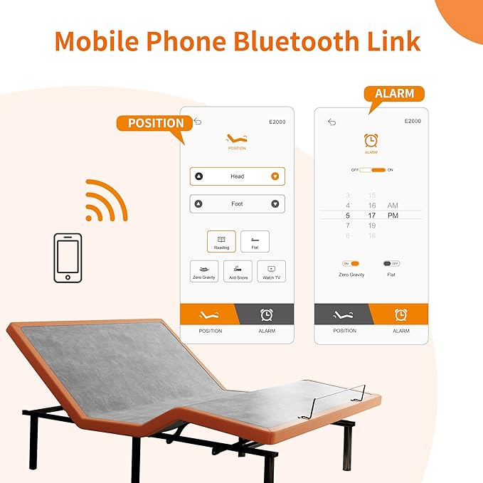 ESHINE Adjustable Bed Frame Queen - Ergonomic Zero Gravity Bed Base, Foot & Head Incline, APP Control, Wireless Remote, Anti-Snore, Queen, 2000 Series