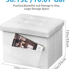 AmasSmile Storage Ottoman Folding Foot Rest Stool with Side Pocket, 17 inch Leather Footstool Bench, Short Ottoman Bench, Storage Foot Rest Store, Blanket Chest, White