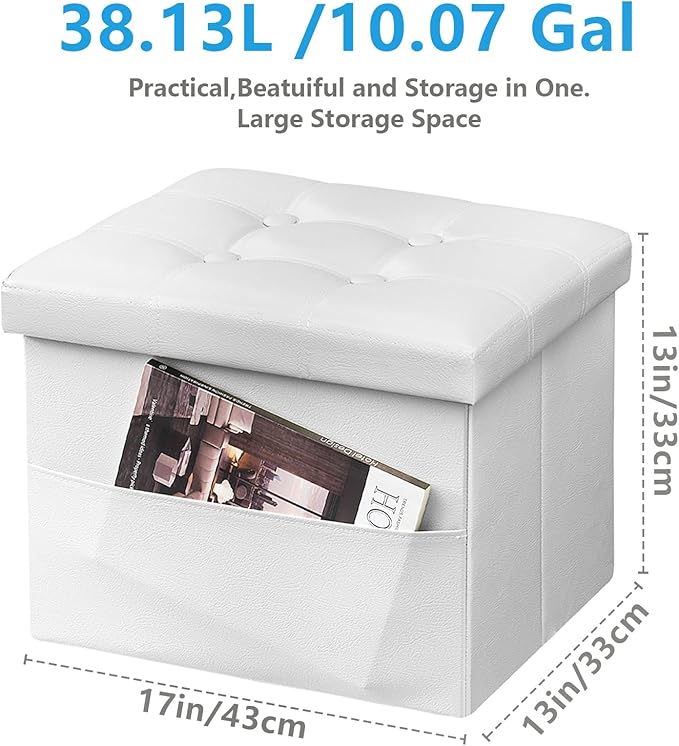 AmasSmile Storage Ottoman Folding Foot Rest Stool with Side Pocket, 17 inch Leather Footstool Bench, Short Ottoman Bench, Storage Foot Rest Store, Blanket Chest, White