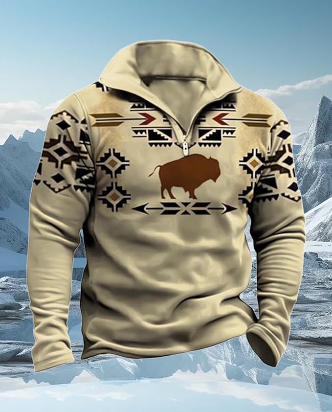 Western Sweatshirts for Men Aztec Cowboy Vintage Graphic Fleece Hoodie Mens Quarter Zip Pullover Country Jacket