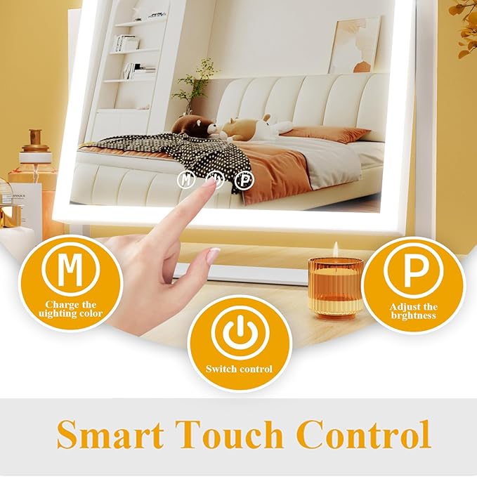 Lighted Makeup Mirror, 17.3"x13" Hollywood Vanity Mirror with Led Lights, Three Color Lighting Modes, and 5X Magnification Mirror, Smart Touch Control, 360°Rotation(Round Corner)