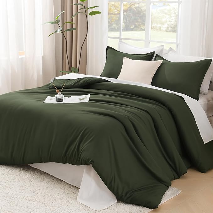 Litanika Comforter Set, Lightweight Solid Bedding Comforter Set, Fluffy Down Alternative Bed Set, Dark Olive Green, Oversized King