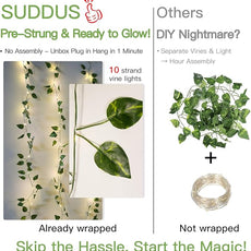 suddus 200 LED Vine with Light Plug in, 6.5ft x 6.5ft Pothos Fairy Curtain Lights with Remote, Leaf Fairy Lights for Wall,Bedroom, Dorm, Wedding, Party, Indoor Decor(Warm White)