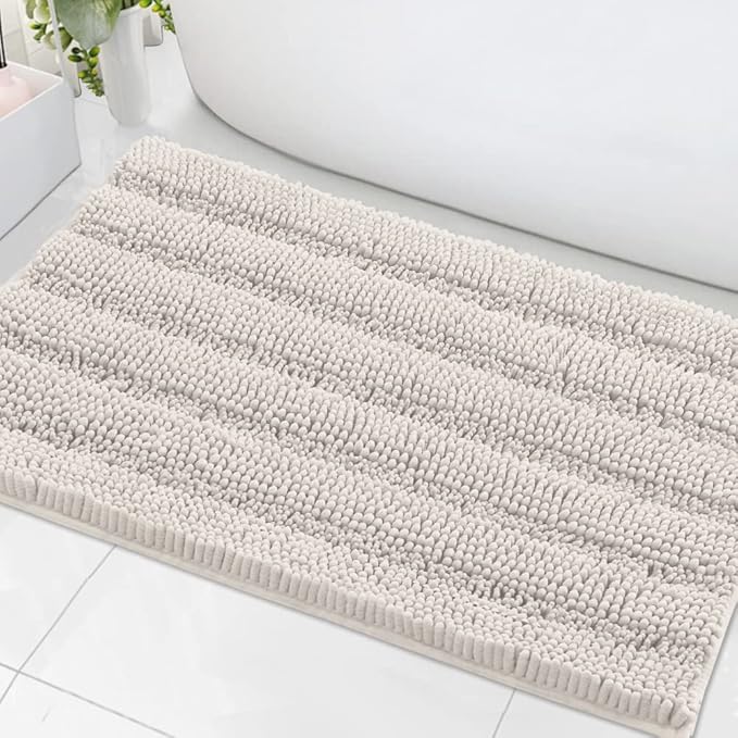 H.VERSAILTEX Bath Mats for Bathroom Non Slip Extra Thick Chenille Striped Bath Rug 24" x 36" Absorbent Non Skid Fluffy Soft Shaggy Rugs Washable Dry Fast Plush Mats for Indoor, Bath Room, Tub - Ivory