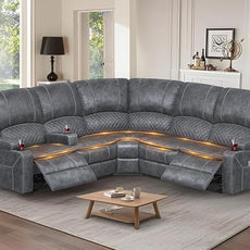 Home Theater Seating Reclining Sectional Sofa, 5 Seats Soft Dutch Velvet Recliner Corner Sectional Couch, Recliner Couch with USB Charging, Thickened Padding, Sturdy Frame, Grey