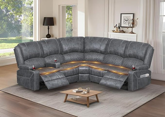 Home Theater Seating Reclining Sectional Sofa, 5 Seats Soft Dutch Velvet Recliner Corner Sectional Couch, Recliner Couch with USB Charging, Thickened Padding, Sturdy Frame, Grey