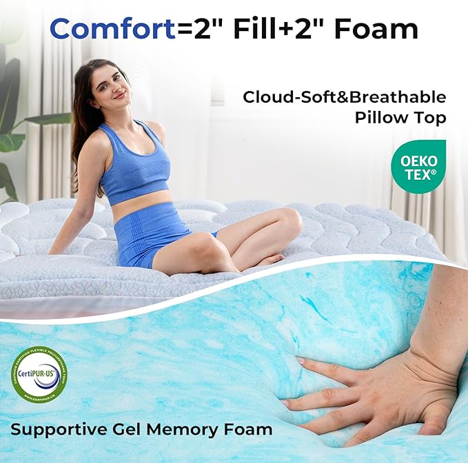 Dual Layer 4 Inch Cooling Memory Foam Mattress Topper Twin XL Size, 2 Inch Thick Soft Quilted Ice Silk Pillow Top Cover Plus 2 Inch Gel Memory Foam Mattress Pad for Back Pain Relief