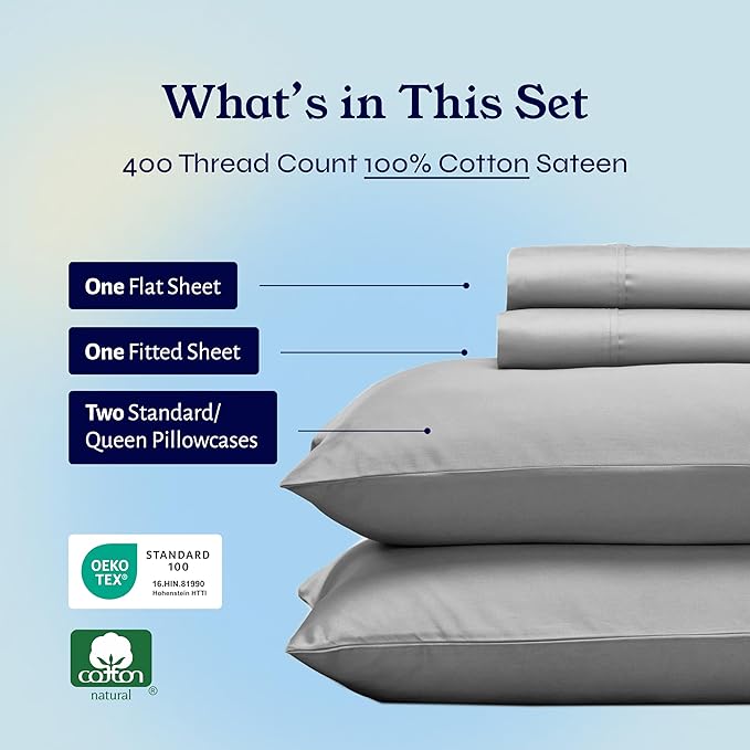 California Design Den Queen Sheets Set - Soft 400 Thread Count Sateen, Natural 100% Cotton Sheets, Deep Pockets with All Around Elastic for a Snug Fit, Durable Bedding Set - Light Grey CaliforniaDesignDen