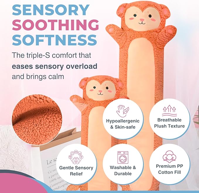Monkey Plush Body Pillow for Kids | Long Stuffed Animal Cuddle Pillow | Soft Hugging Toy | Plushie Gift for Girls & Boys | Long Plush Body Pillow for Sleep & Comfort | Medium, 35 Inches