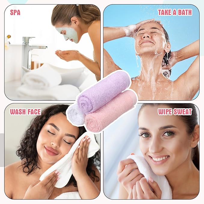 Newwiee 40 Pcs Wash Cloth Bulk Cotton Bath Hand Face Washcloths Soft Quick Drying Towel for Women Bathroom Washing Body Viscose Fiber Multipurpose Fingertip Rags (10 x 10 Inch,White, Purple, Pink)