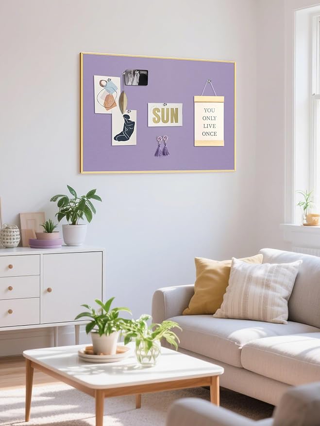 Bulletin Board 30 x 20 inches, Mystic Violet Pin Board, Golden Aluminum Framed Fabric Cork Board with 10 Push Pins