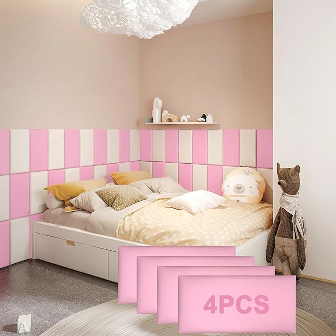 4PCS Anti-Collision Wall Padding 3D Peel and Stick Headboard Upholstered Wall Panels Pink Wall Mounted Headboard Soundproof Wall Panels
