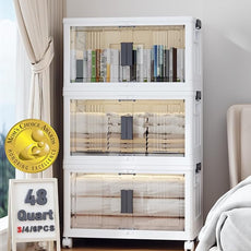 OlarHike 144QT Lockable Storage Bins with Lids - Folding Storage box with Doors and Wheels, Collapsible Plastic Bins for Closets, Stackable Organizer and Containers, Gifts, 3 Pack Cubes