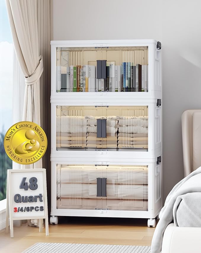 OlarHike 144QT Lockable Storage Bins with Lids - Folding Storage box with Doors and Wheels, Collapsible Plastic Bins for Closets, Stackable Organizer and Containers, Gifts, 3 Pack Cubes