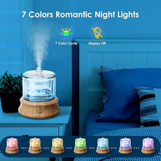 Glass Essential Oil Diffuser, 80ML Small Glass Reservoir Natural Wood Base Ultrasonic Cool Mist Aroma Diffusers with USB-Cord Auto-Off 7 Color Light for Home Office Bedroom
