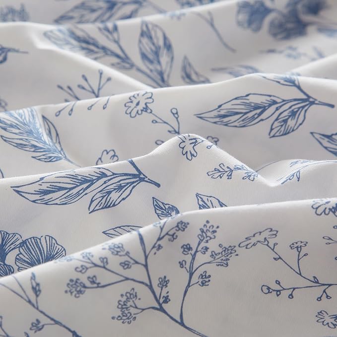 mixinni Girls Blue Flower Leaves Pattern on White Duvet Cover Twin Size Soft Cotton Bedding Comforter Cover Set with Zipper Closure 4 Corner Ties for Teenage Girls (1 Duvet Cover + 2 Pillowcases)