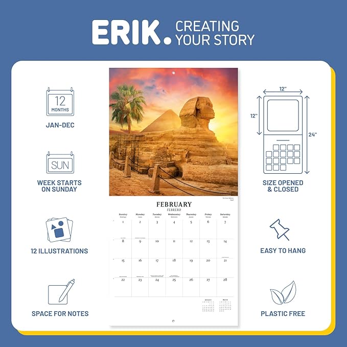 Beautiful Places Wall Calendar 2026 12" x 12" FSC® Plastic Free - Starts Week On Sunday | Family Planner Travel Calendar 2026