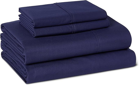 Amazon Basics Organic Cotton Sheet Set with 2-Pieces Pillowcase, Navy Blue, Queen