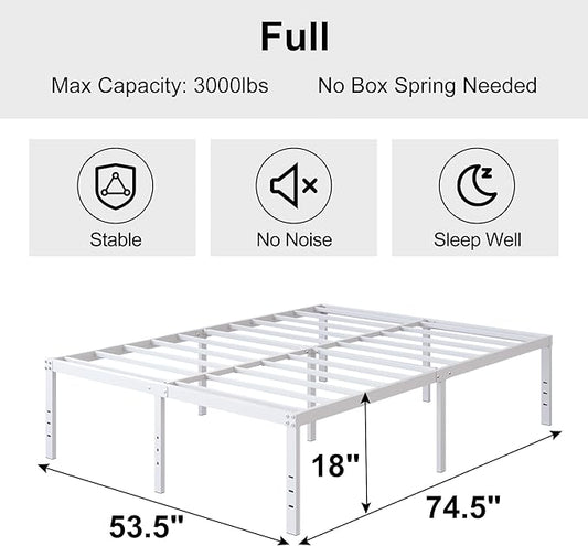 18 Inch White Full Size Bed Frame Heavy Duty Metal Platform No Box Spring Needed, Maximum Storage, Easy Assembly, Noise Free