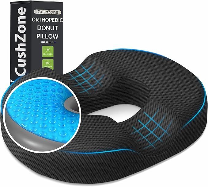 Donut Pillow Seat Cushion - Cooling Gel Floor Pillow, Memory Foam Floor Cushion for Office & Home, Car Seat, Hemorrhoids Pillow, Sciatica & Tailbone Pain Relief Chair Cushion, Black-XL
