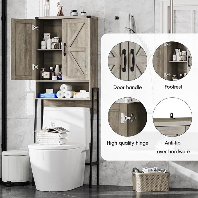 Vabches Over The Toilet Storage Cabinet with 2-Door Design Bathroom Organizers and Storage with Anti-Tip Device Over Toilet Organizer with Shelves for Bathroom,Restroom,Laundry Grey