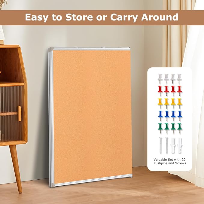 DOLLAR BOSS Foldable Cork Board, 60 x 40 Inch Corkboard, Extra Large Bulletin Board, Portable Double sided Aluminum Frame Wall Mounted Pin Board for Office School Supplies Dorm Decor with 20 Push Pins