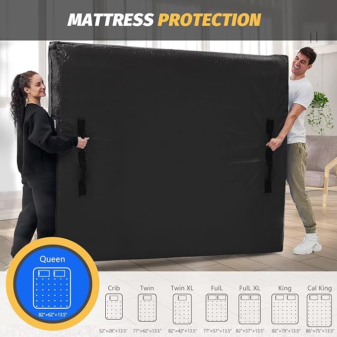 Mattress Bags for Moving and Storage, BETU Twin Mattress Protector Waterproof Mattress Cover with 8 Heavy Duty Handles and Zipper Extra Thick Moving Supplies for Dorm Bed (2 Pack:77x42x13.5 Black)