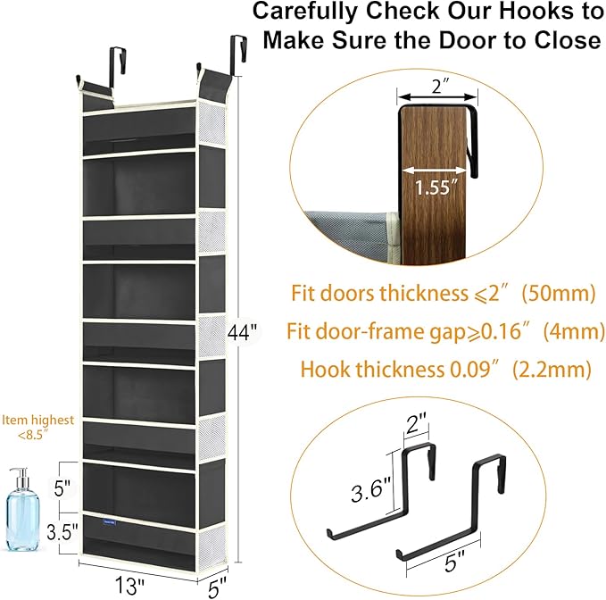 Over The Door Hanging Organizer 5-Shelves and 10 Side Pockets, Over The Door Storage for Bathroom and Bedroom, Back of Door Organizers for Baby Accessories and Kid's Toys (13"x5"x44", Black)