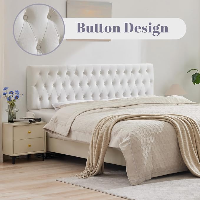 Kingfun Tufted Upholstered Queen Size Bed Headboard in Modern Button Design, Adjustable Solid Wood Head Board, Premium Velvet Fabric Padded Headboards in Bedroom (White)