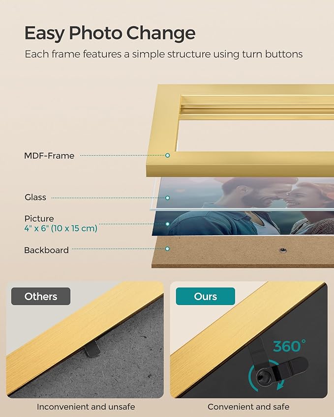 SONGMICS 4x6 Collage Picture Frames, Family Photo Collage Frame Set of 4 for Wall Decor, Glass Front, Wall Hanging or Tabletop, Pale Gold URPF025A01