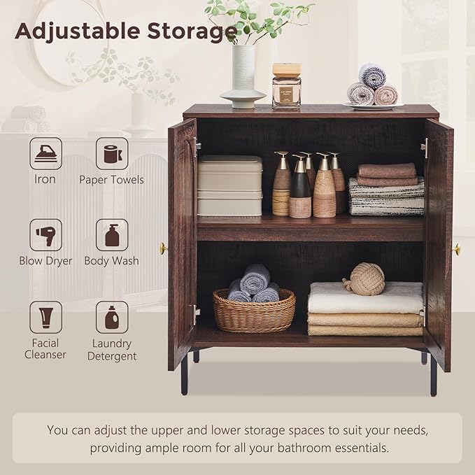 Bathroom Cabinet with Storage, 34" Tall Fluted Arched Free Standing Floor Cabinet w/Adjustable Shelves, Modern Sideboard Cabinet for Bathroom, Kitchen, Living Room, Entryway, Brown