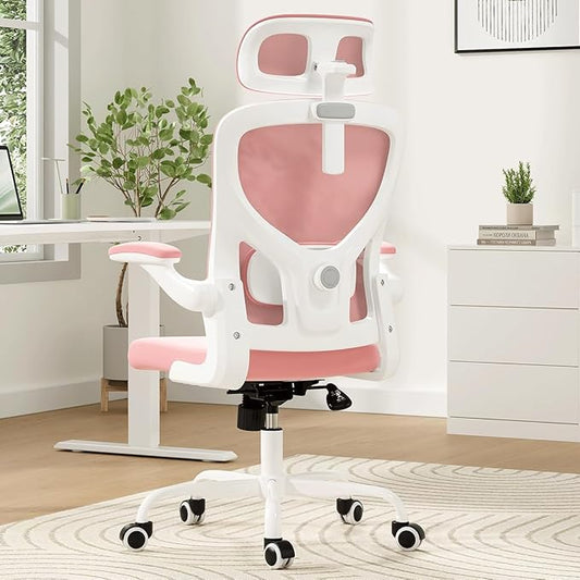 Soohow Office Chair, Ergonomic Office Mesh Desk Chair with Adjustable Back Support, High Back Comfy Computer Swivel Chair with Headrest, Lumbar Support for Study Room, Gaming and Office, White & Pink